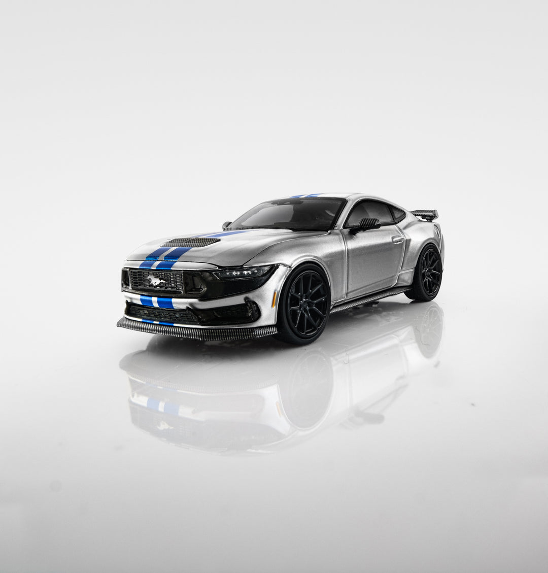 (Coming Soon) DCM x FUNBOU Model 1:64 Ford Mustang Dark Horse (S650) Silver Blue Stripes
