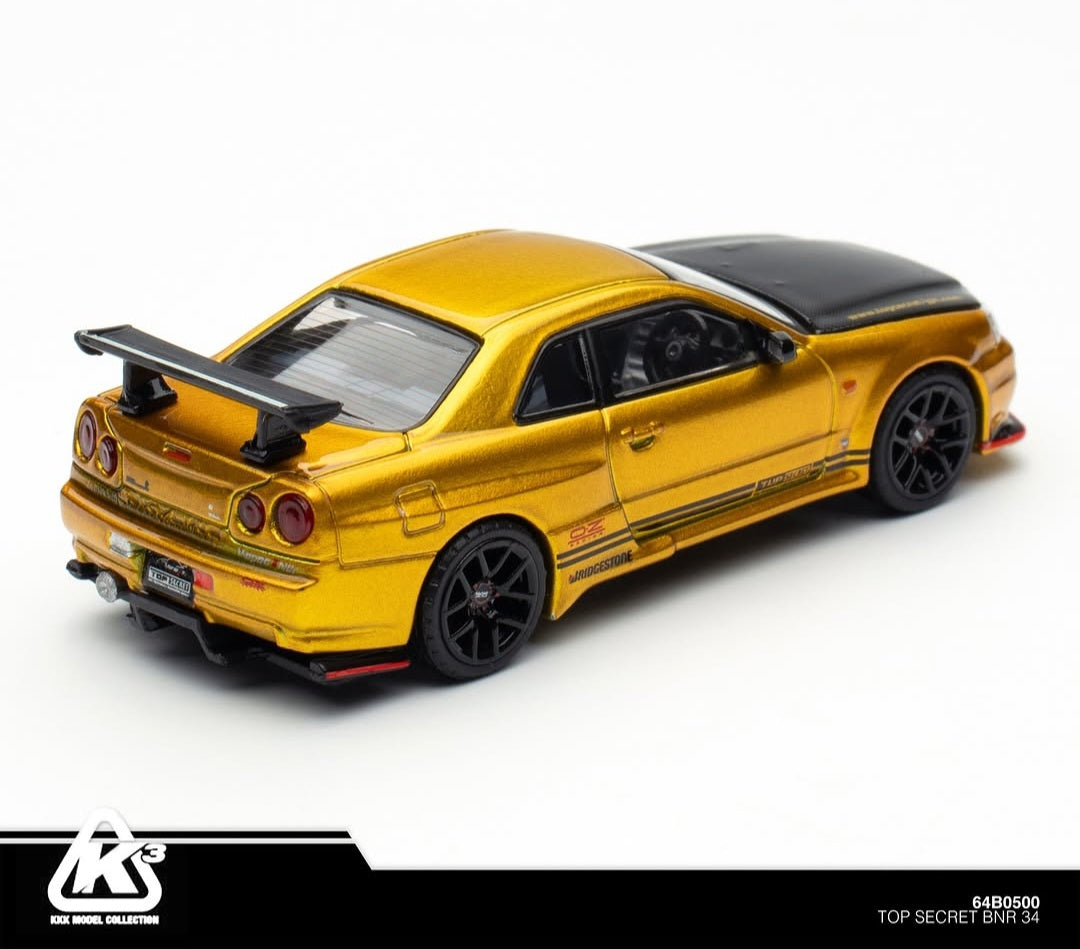 K'3 TOP SECRET (BMC) 1/64 BN R34 GOLD with Carbon Bonnet (HEC 2026 Limited Version) RHD Top Secret official licensed / Number Plated)