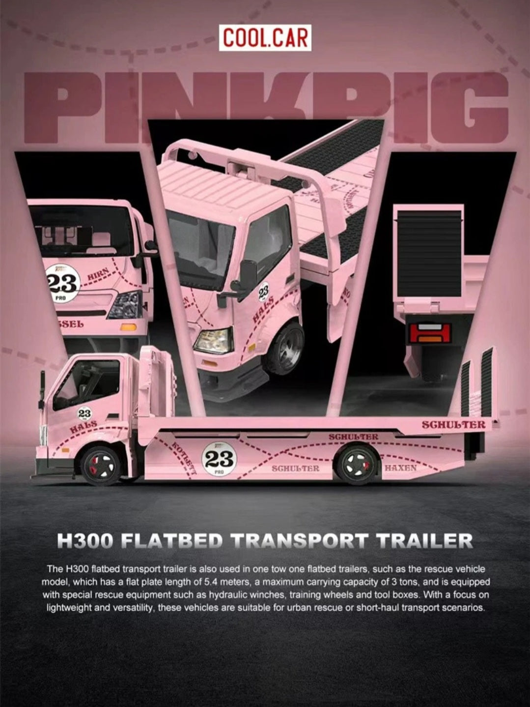 COOLCAR 1:64 H300 Flatbed transport trailer Pink Pig Diecast Model Car