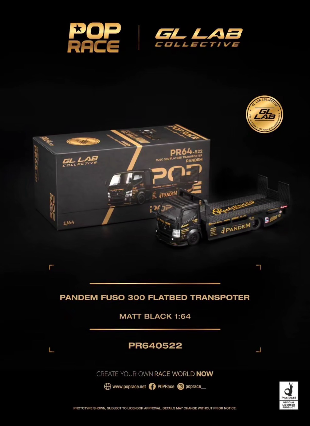 (Coming Soon) POPRACE x GL LAB 1:64 Pandem Fuso 300 Flatbed Transporter Matte Black | 2026 Stance Garage Taiwan - PR64-0522