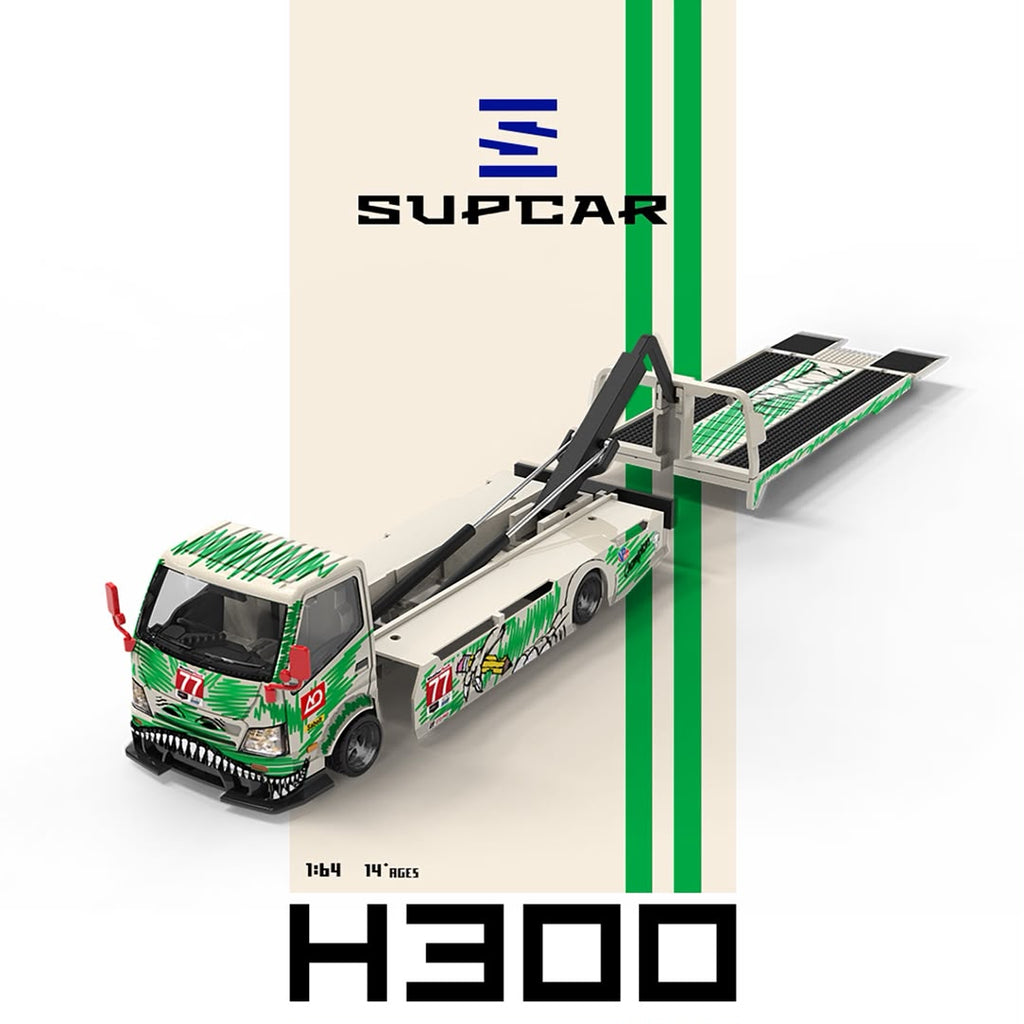 (Coming Soon) SUPCAR 1:64 H300 Flatbed Transport Trailer - #77 White/Green Dinosaur Livery