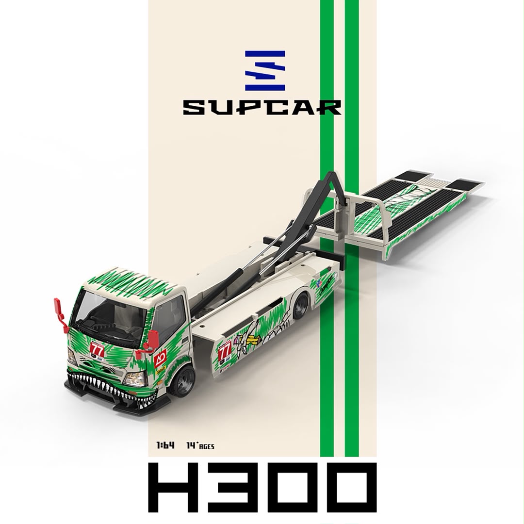(Coming Soon) SUPCAR 1:64 H300 Flatbed Transport Trailer - #77 White/Green Dinosaur Livery