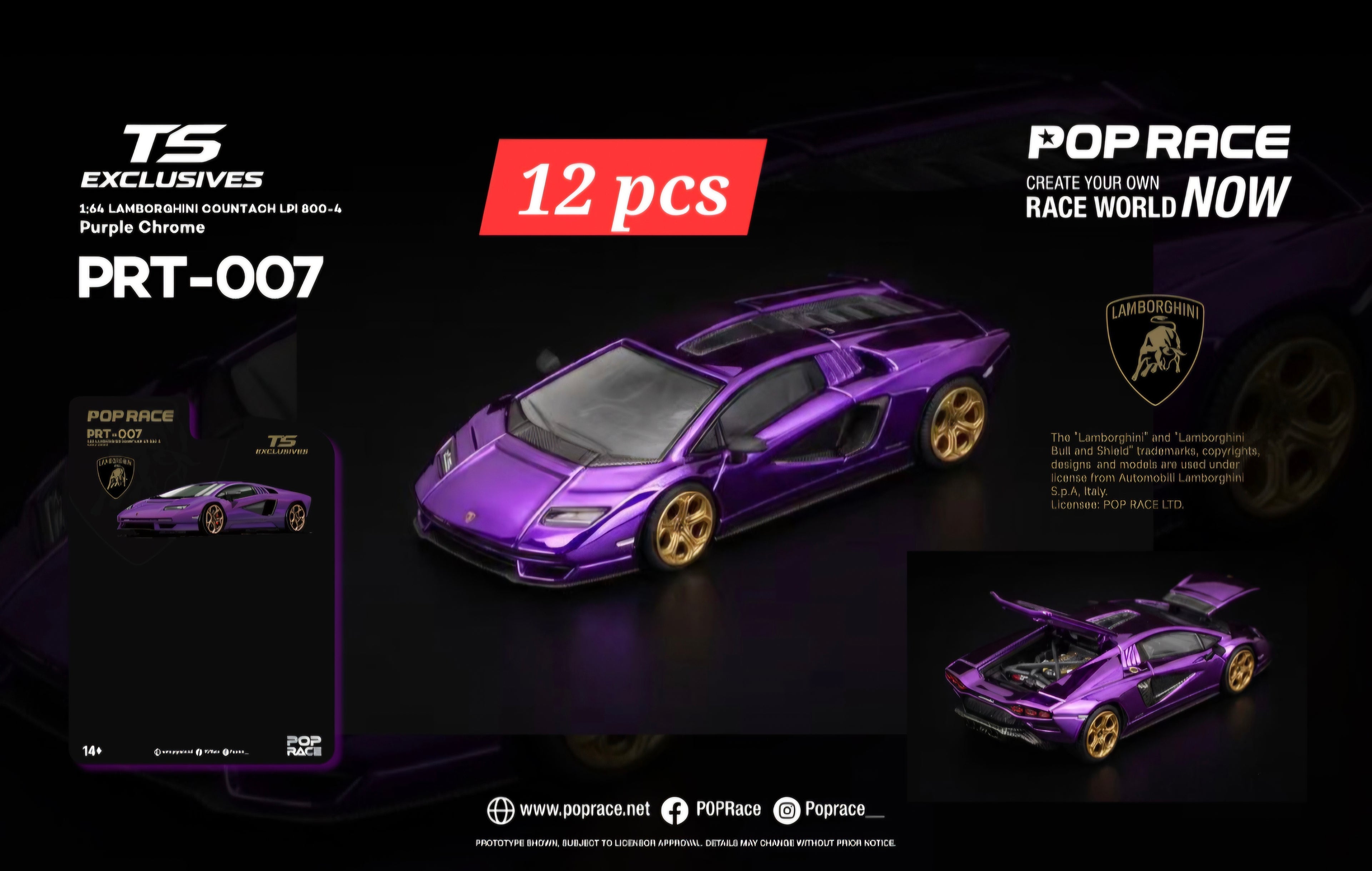 (Pre-Order) 12 pcs POPRACE x TS Exclusives 1/64 LAMBORGHINI COUNTACH LPI 800-4 Purple Chrome (11 Regular and 1 Chase)
