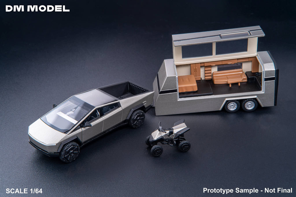 (Coming Soon) DM Model Tesla Cybertruck + Camper + Cyberquad (Metal Silver) Diecast Car Model Set