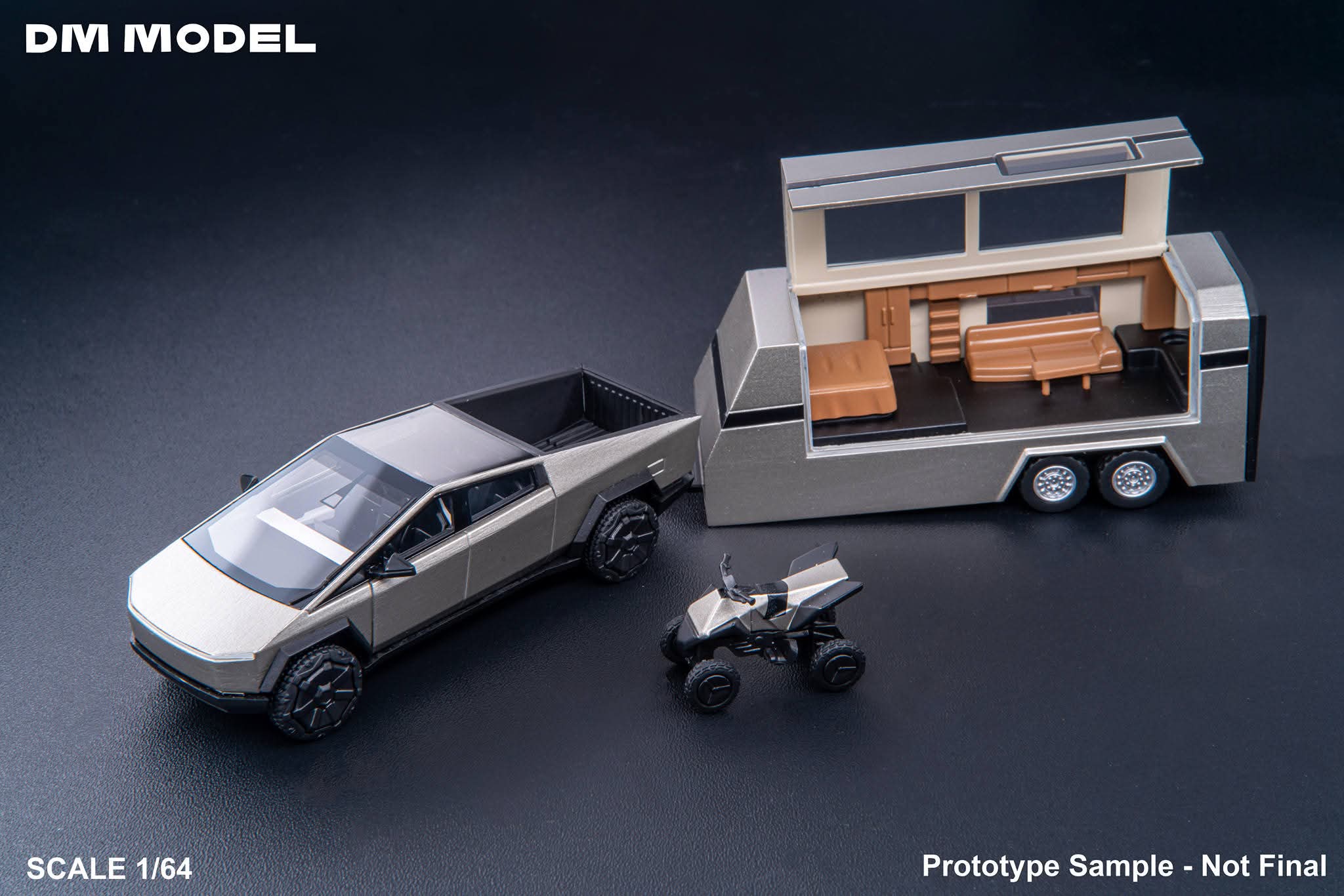 (Coming Soon) DM Model Tesla Cybertruck + Camper + Cyberquad (Metal Silver) Diecast Car Model Set