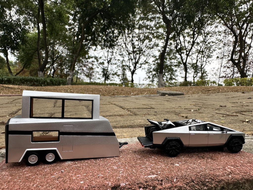 (Coming Soon) DM Model Tesla Cybertruck + Camper + Cyberquad (Metal Silver) Diecast Car Model Set