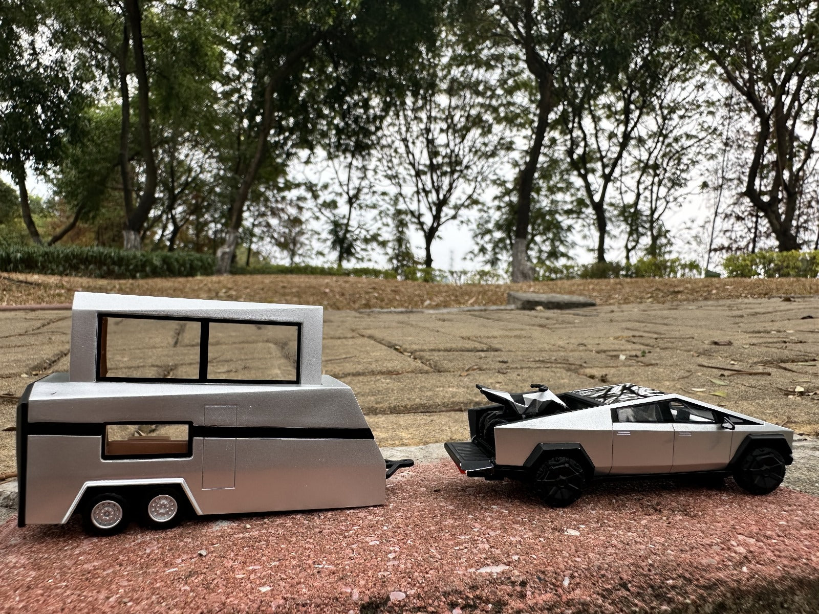 (Coming Soon) DM Model Tesla Cybertruck + Camper + Cyberquad (Metal Silver) Diecast Car Model Set