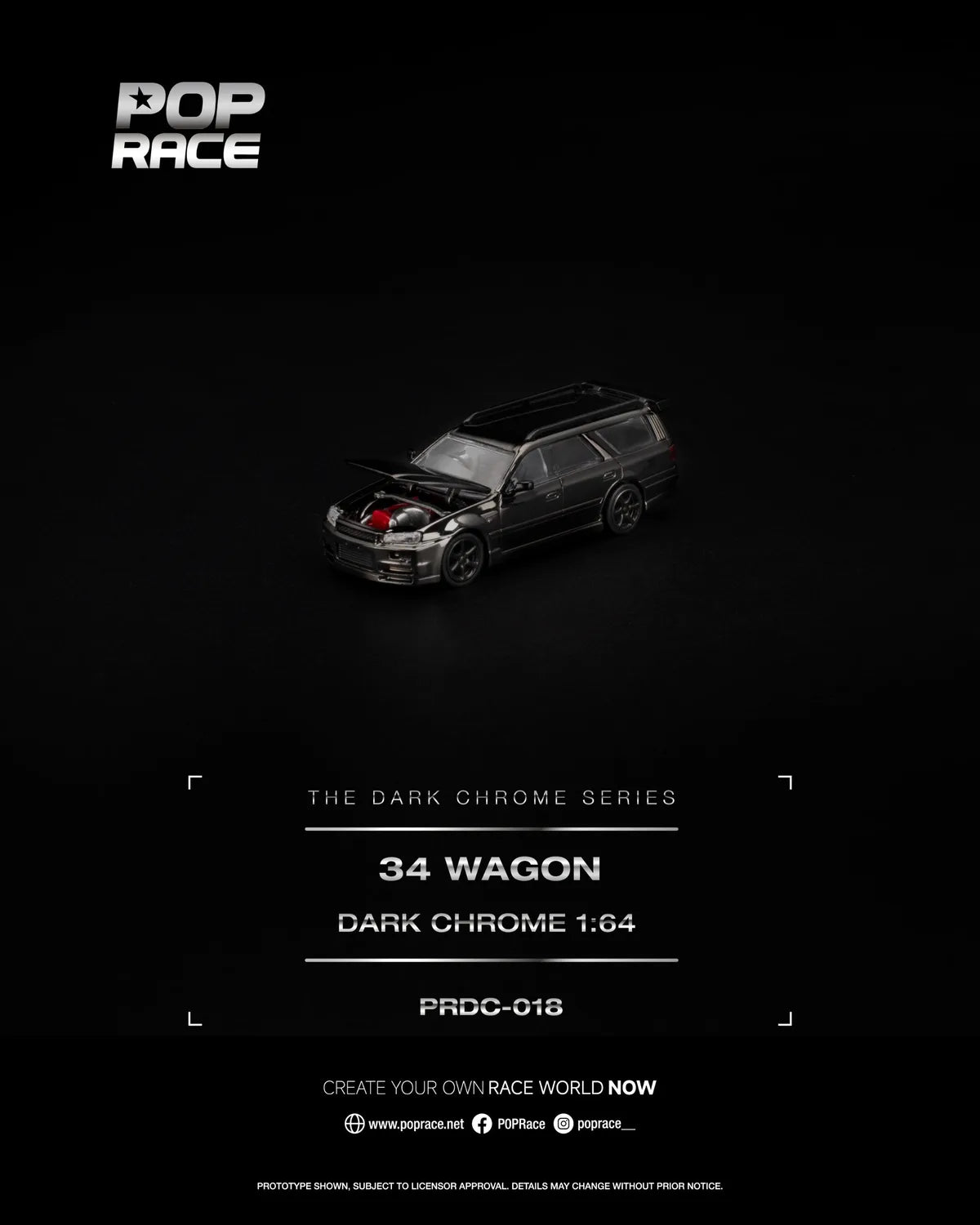 (Coming Soon) POP RACE 1:64 R34 WAGON DARK CHROME - PRDC-018