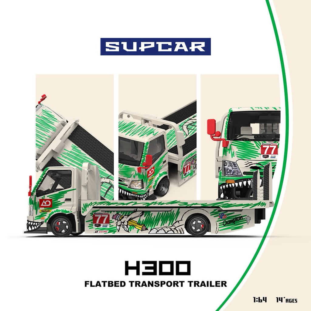 (Coming Soon) SUPCAR 1:64 H300 Flatbed Transport Trailer - #77 White/Green Dinosaur Livery