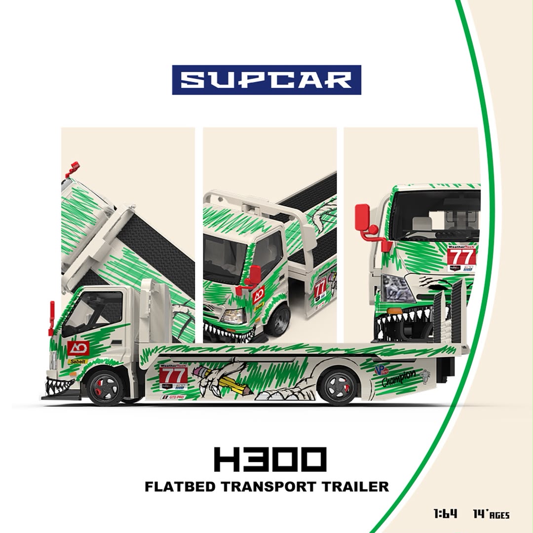 (Coming Soon) SUPCAR 1:64 H300 Flatbed Transport Trailer - #77 White/Green Dinosaur Livery