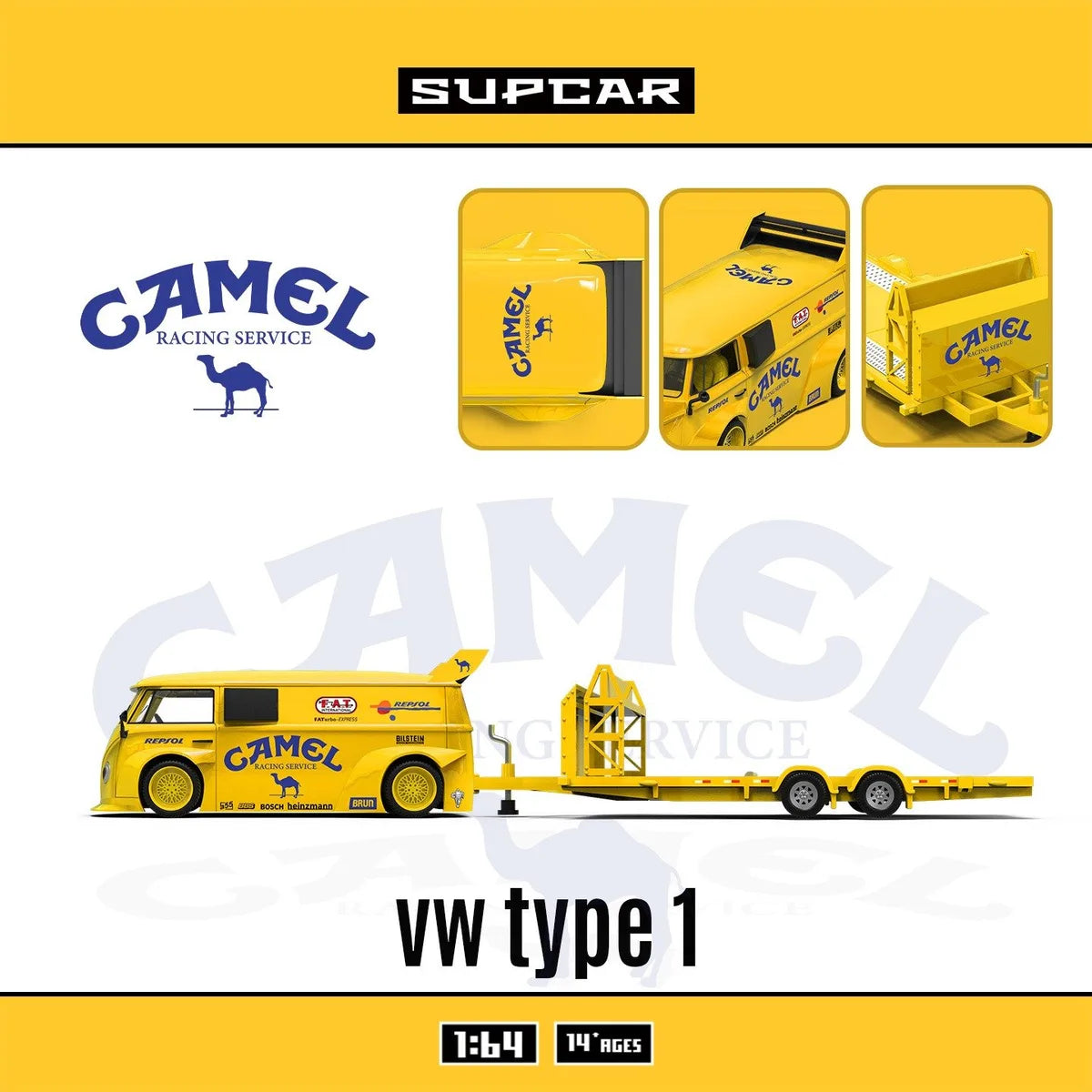 (Coming Soon) SUPCAR 1:64 Camel Painted Realistic - T1 Volkswagen & Trailer