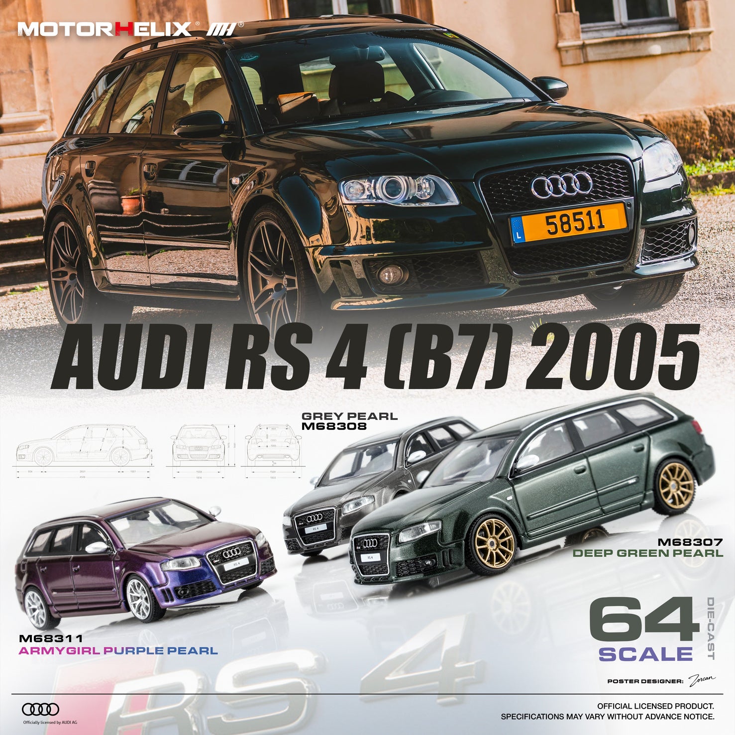 (Coming Soon) MOTORHELIX 1/64 Audi RS4 (B7) 2005 - Deep Green Pearl