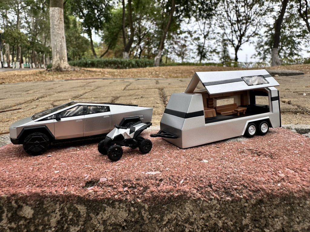 (Coming Soon) DM Model Tesla Cybertruck + Camper + Cyberquad (Metal Silver) Diecast Car Model Set