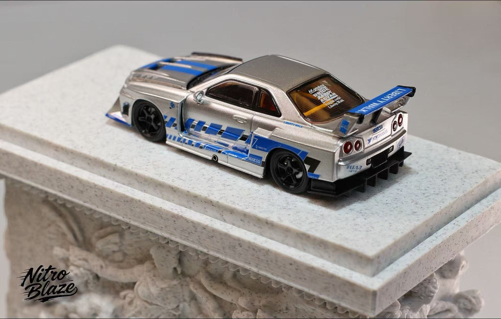 (Coming Soon) NITROBLAZE 1/64 SKYLINE ER34, LB-SUPER SILHOUETTE widebody Diecast model - Silver