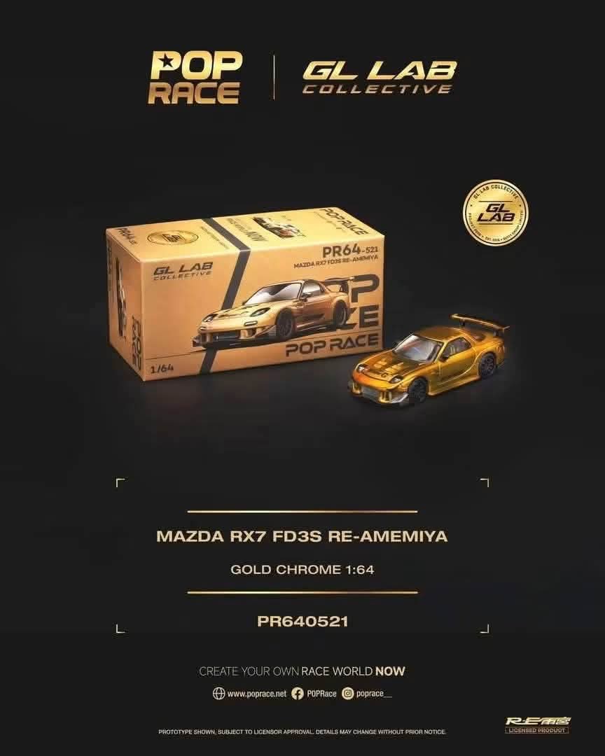 (Coming Soon) POP RACE x GL LAB 1:64 Re-Amemiya Rx-7 - Gold Chrome (FDS3) - PR64-0521