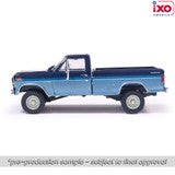 (Coming Soon) IXOAMERICA 1:64 1981 Ford F-150 Custom Explorer Short Bed Styleside 4x2 - Tu-Tone Midnight Blue Metallic and Medium Blue Glow