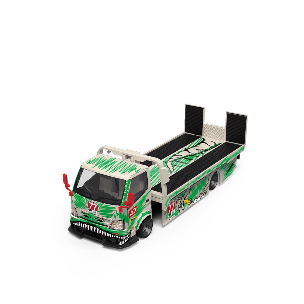 (Coming Soon) SUPCAR 1:64 H300 Flatbed Transport Trailer - #77 White/Green Dinosaur Livery