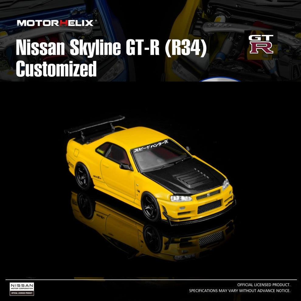 (Coming Soon) Motorhelix 1/64 Nissan Skyline GT-R (R34) Custom Edition - Lightning Yellow Custom with GT Aero Kit