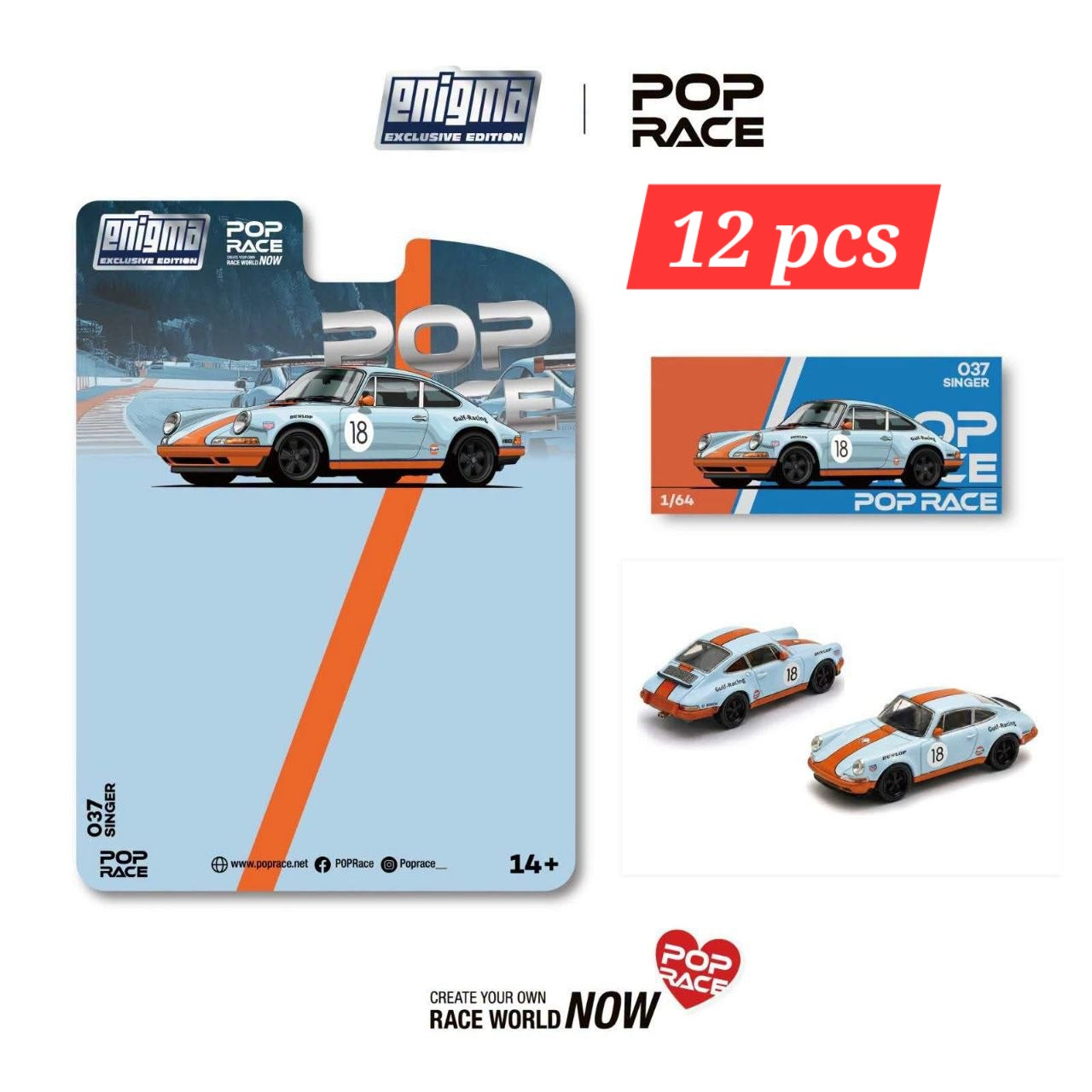 (Pre-Order) 12 Pcs (11 Regular & 1 Chase) 1:64 POPRACE Enigma Exclusive "Gulf" Singer Racing **DEADLINE July 7th, 2026**