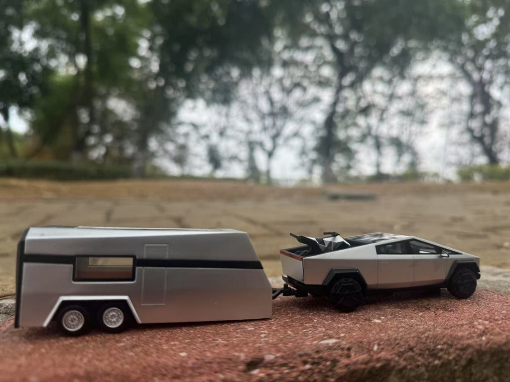 (Coming Soon) DM Model Tesla Cybertruck + Camper + Cyberquad (Metal Silver) Diecast Car Model Set