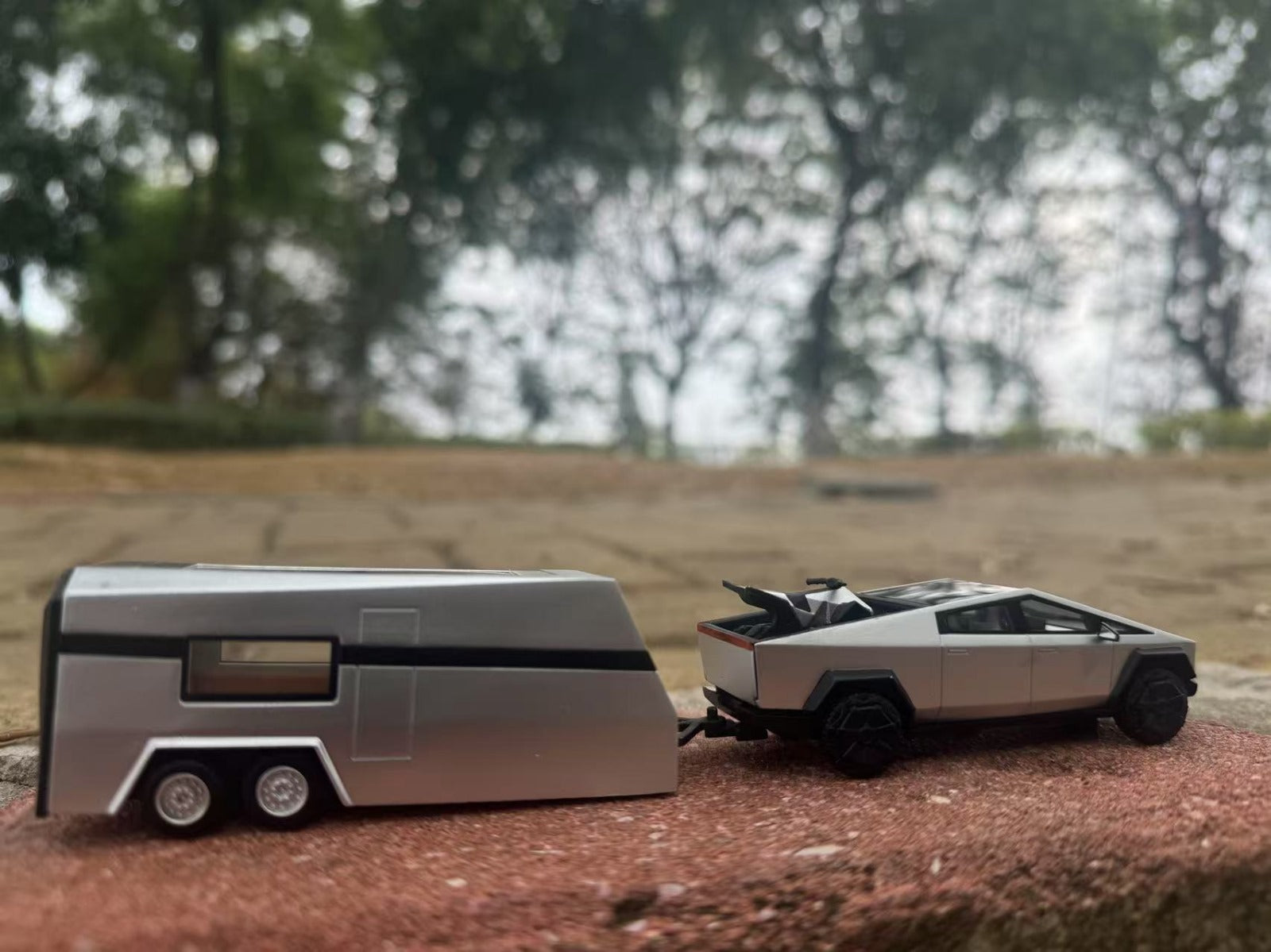(Coming Soon) DM Model Tesla Cybertruck + Camper + Cyberquad (Metal Silver) Diecast Car Model Set
