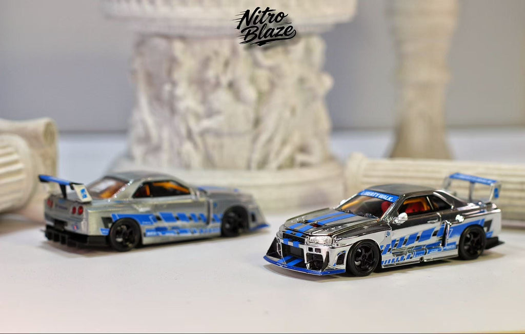 (Coming Soon) NITROBLAZE 1/64 SKYLINE ER34 LB-SUPER SILHOUETTE Widebody Diecast - Chrome Edition