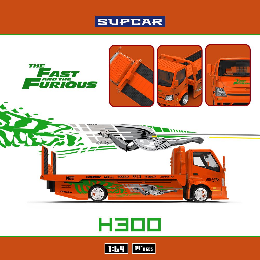 (Pre-Order) SUPCAR 1:64 H300 Flatbed Transport Trailer Fast and Furious Livery **DEADLINE July 1st, 2026**