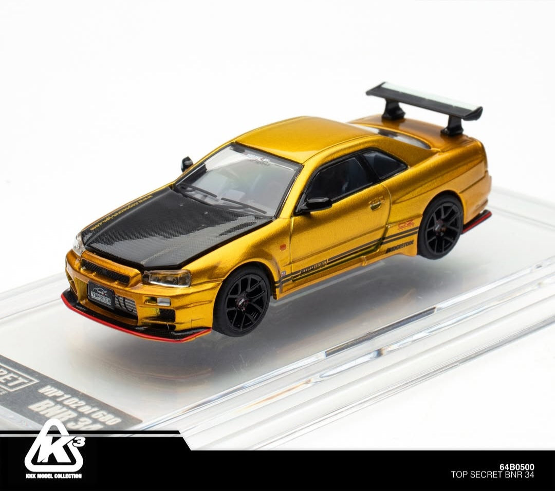 K'3 TOP SECRET (BMC) 1/64 BN R34 GOLD with Carbon Bonnet (HEC 2026 Limited Version) RHD Top Secret official licensed / Number Plated)