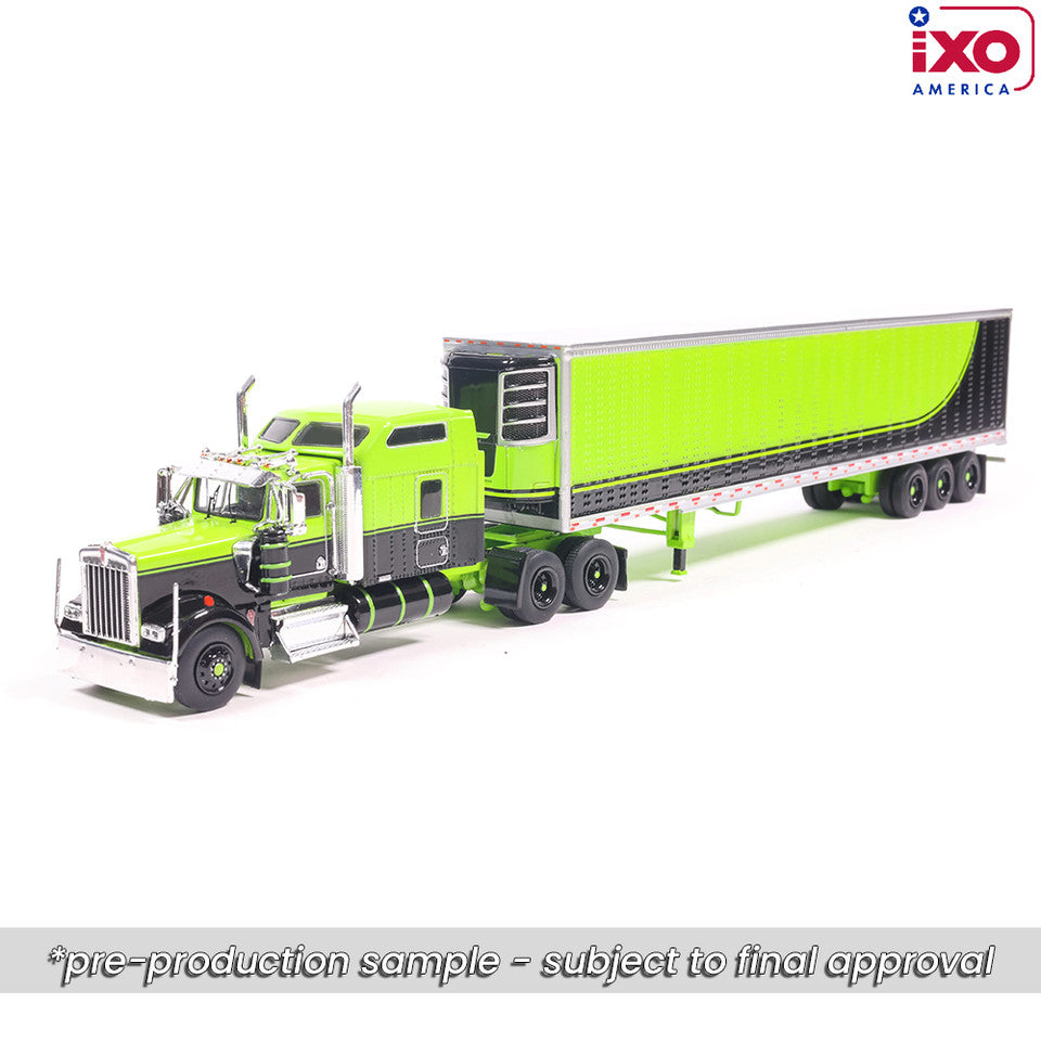 (Coming Soon) IXO America 1:64 1990 Kenworth W900 with Refer Van - Neon Green and Black