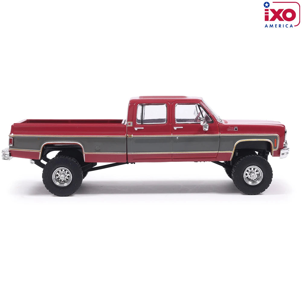 (Coming Soon) IXOAMERICA 1:64 1977 GMC Sierra Grande K2500 Crew Cab Wideside - Dark Red Metallic and Silver Special Two-Tone - Lifted