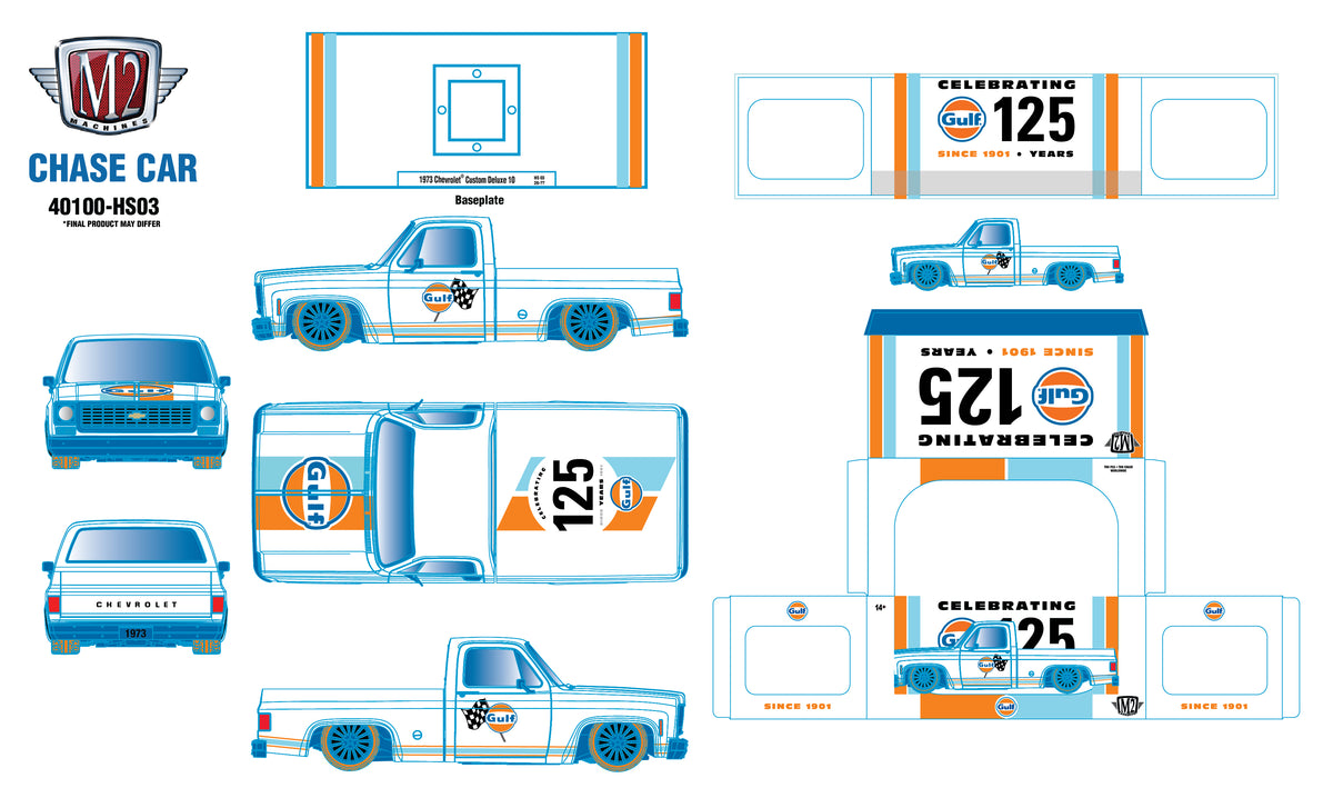 (Pre-Order) M2MACHINES 1:24 Scale 1973 Chevrolet Custom Deluxe 10 "Gulf"- (5pc reg + 1pc Chase) sealed case **DEADLINE September 13, 2026**