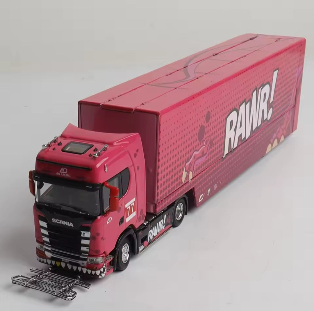 (Coming Soon) KENGFAI & MAXWELL (MW) Customized Version 1/64 Scania S730 Double-decker enclosed flying wing transport vehicle - RAWR Pink Dinosaur #77 Livery 2nd Generation