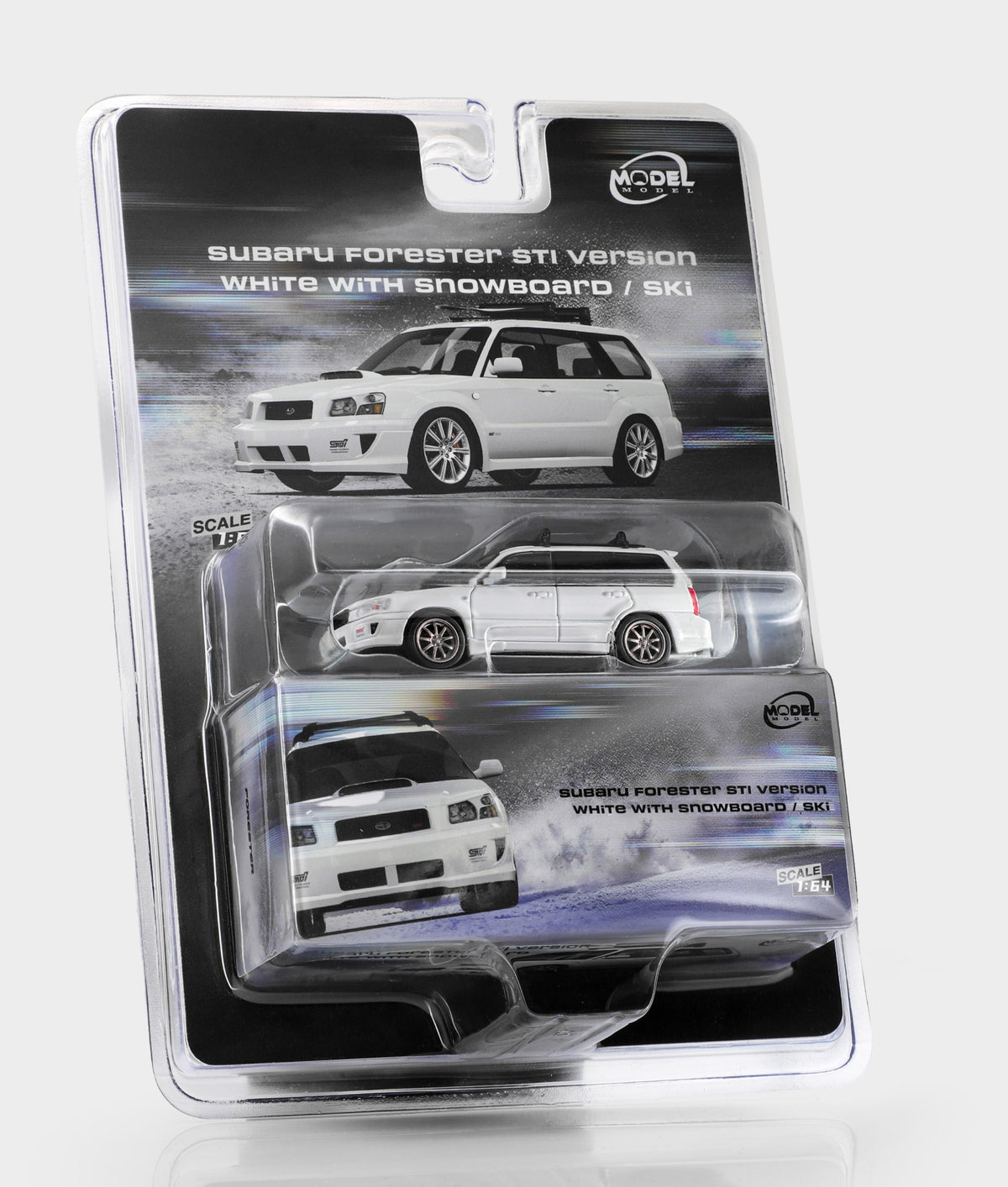 (Coming Soon) MODELMODEL 1/64 Subaru Forester STI Version White with Snowboard / Ski (Blister Pack)