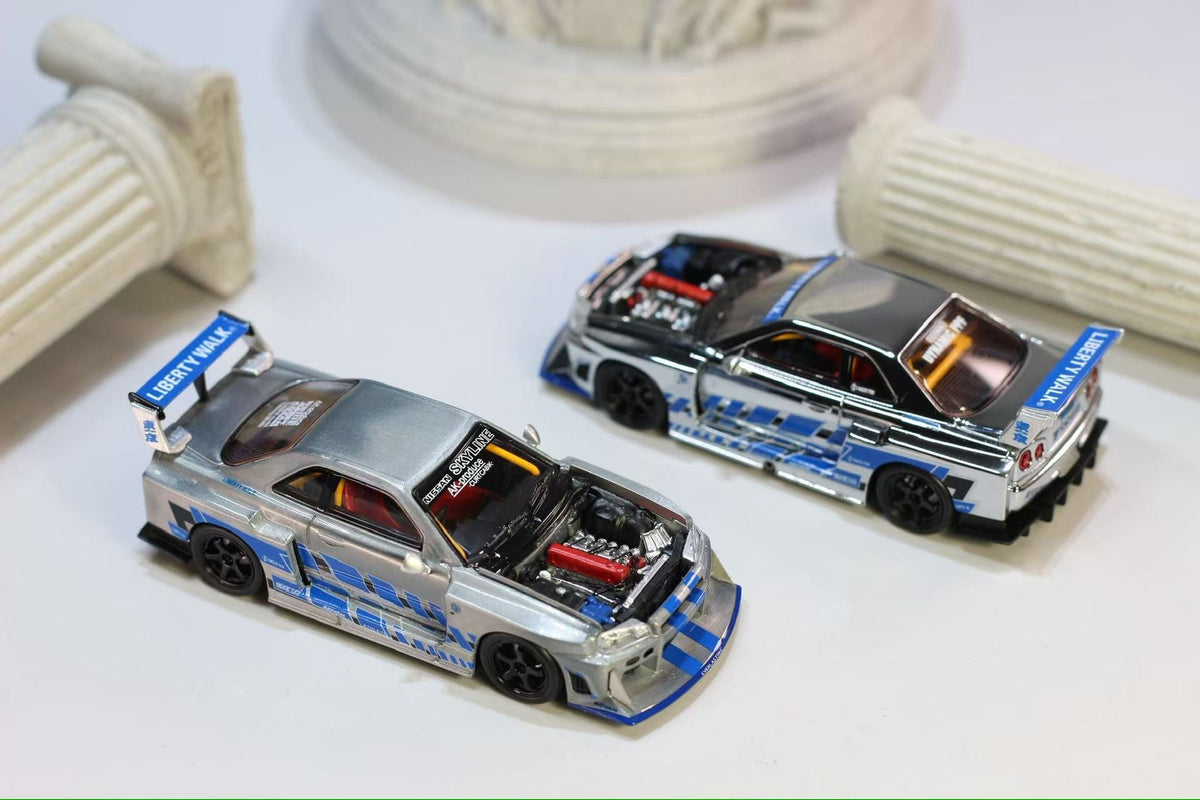 (Coming Soon) NITROBLAZE 1/64 SKYLINE ER34 LB-SUPER SILHOUETTE Widebody Diecast - Chrome Edition