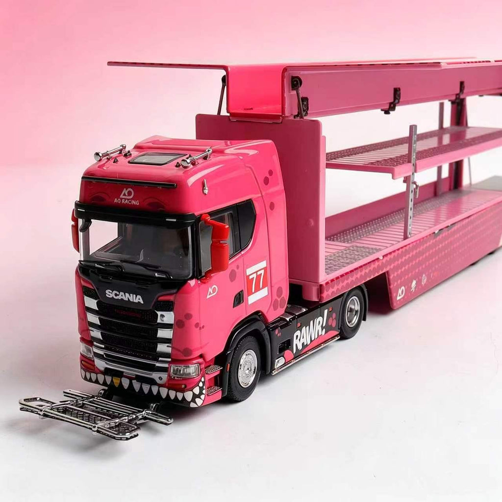 (Coming Soon) KENGFAI & MAXWELL (MW) Customized Version 1/64 Scania S730 Double-decker enclosed flying wing transport vehicle - RAWR Pink Dinosaur #77 Livery 2nd Generation