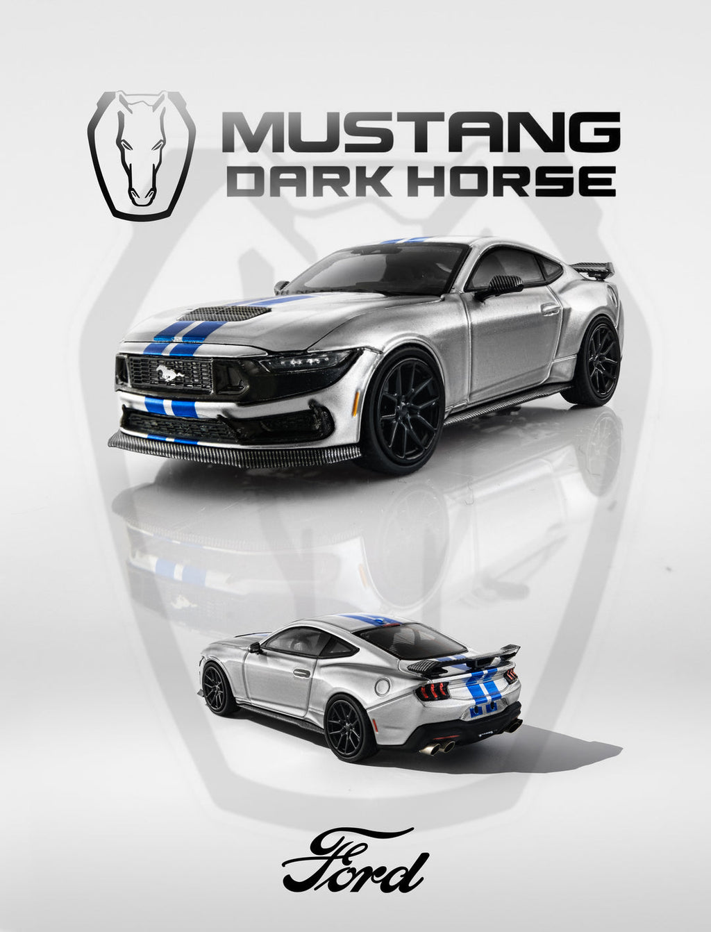 (Coming Soon) DCM x FUNBOU Model 1:64 Ford Mustang Dark Horse (S650) Silver Blue Stripes