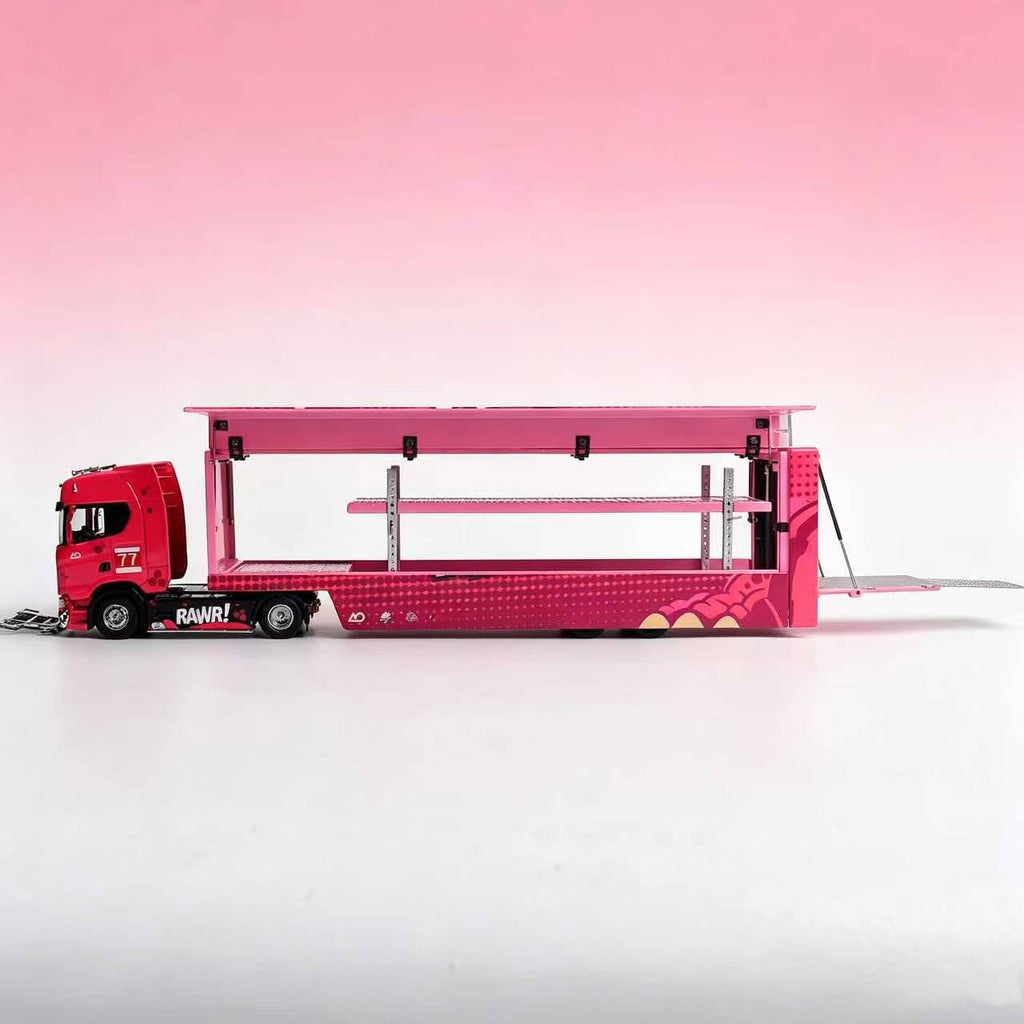 (Coming Soon) KENGFAI & MAXWELL (MW) Customized Version 1/64 Scania S730 Double-decker enclosed flying wing transport vehicle - RAWR Pink Dinosaur #77 Livery 2nd Generation