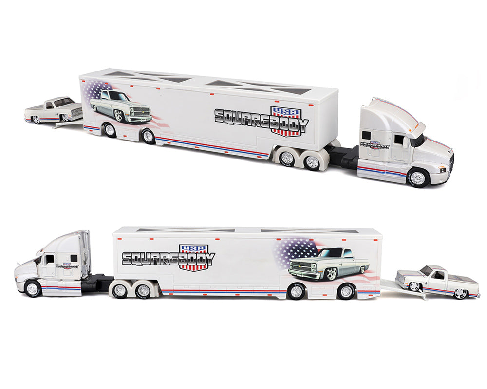 (Coming Soon) Maisto 1:64 Mijo Exclusives Mack Anthem & 1987 Chevrolet 1500 Pick-Up Truck – SQUAREBODY USA – Design Transporters