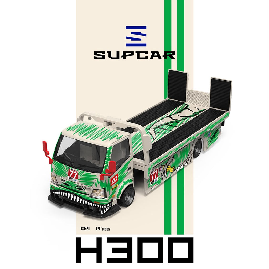 (Coming Soon) SUPCAR 1:64 H300 Flatbed Transport Trailer - #77 White/Green Dinosaur Livery