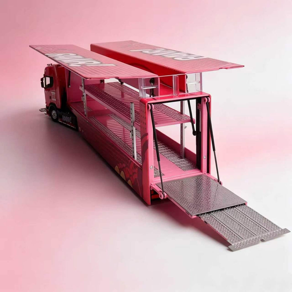 (Coming Soon) KENGFAI & MAXWELL (MW) Customized Version 1/64 Scania S730 Double-decker enclosed flying wing transport vehicle - RAWR Pink Dinosaur #77 Livery 2nd Generation