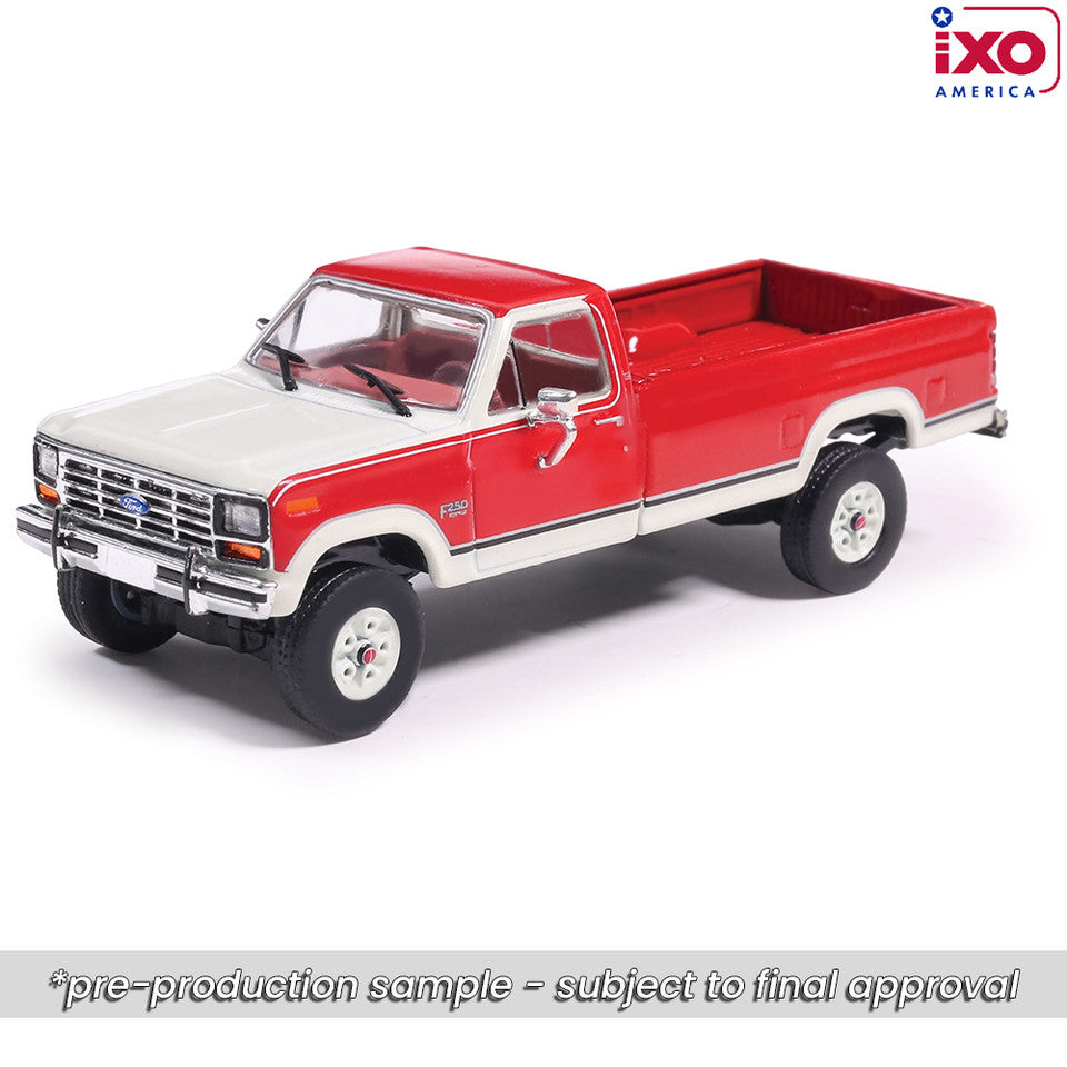 (Coming Soon) IXOAMERICA 1:64 1984 Ford F-250 XLT Lariat Long Bed Styleside 4x4 - Victoria Tu-Tone Bright Canyon Red with Wimbledon White