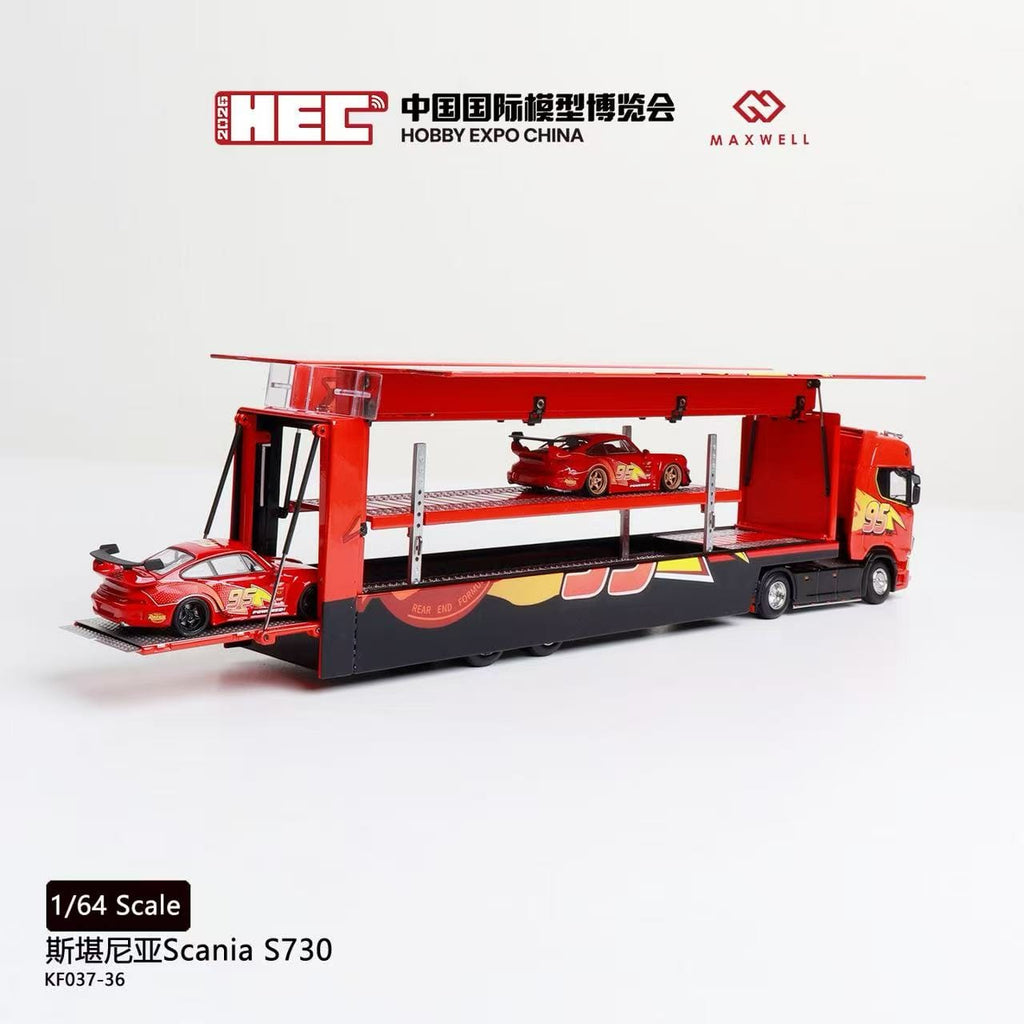 (Coming Soon) KENGFAI & MAXWELL (MW) Customized Version 1/64 Scania S730 Double-decker enclosed flying wing transport vehicle - HEC Exhibition Edition McQueen 95# Livery