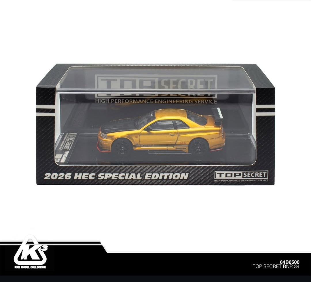 K'3 TOP SECRET (BMC) 1/64 BN R34 GOLD with Carbon Bonnet (HEC 2026 Limited Version) RHD Top Secret official licensed / Number Plated)