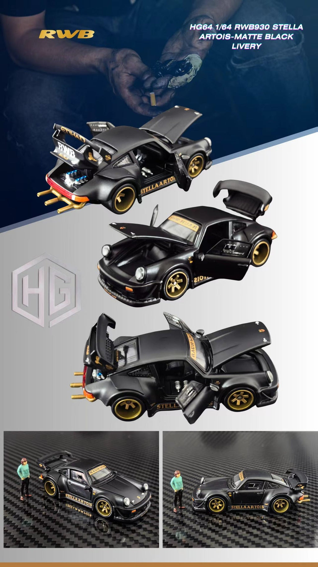 (Coming Soon) HG Model 1:64 Porsche RWB930 STELLA ARTOIS-Matte Black Livery