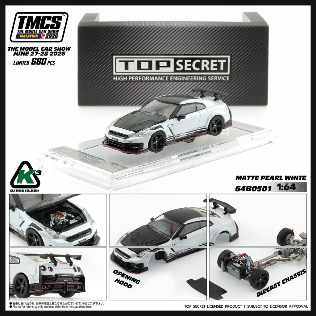 (Coming Soon) K'3 1/64 TOP SECRET Nissan GT-R (R35) Matte Pearl White *LIMITED TO 680 PCS*