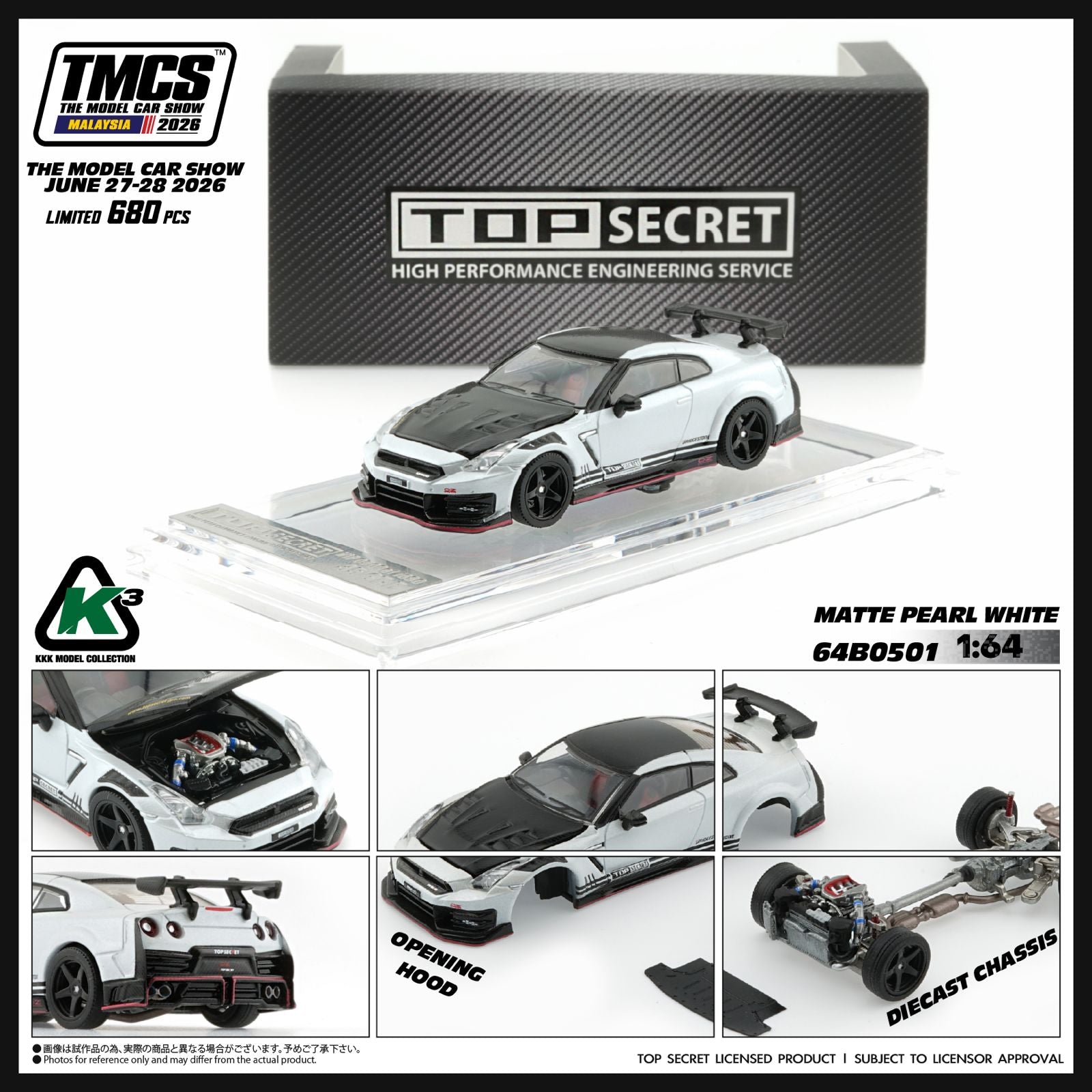 (Coming Soon) K'3 1/64 TOP SECRET Nissan GT-R (R35) Matte Pearl White *LIMITED TO 680 PCS*