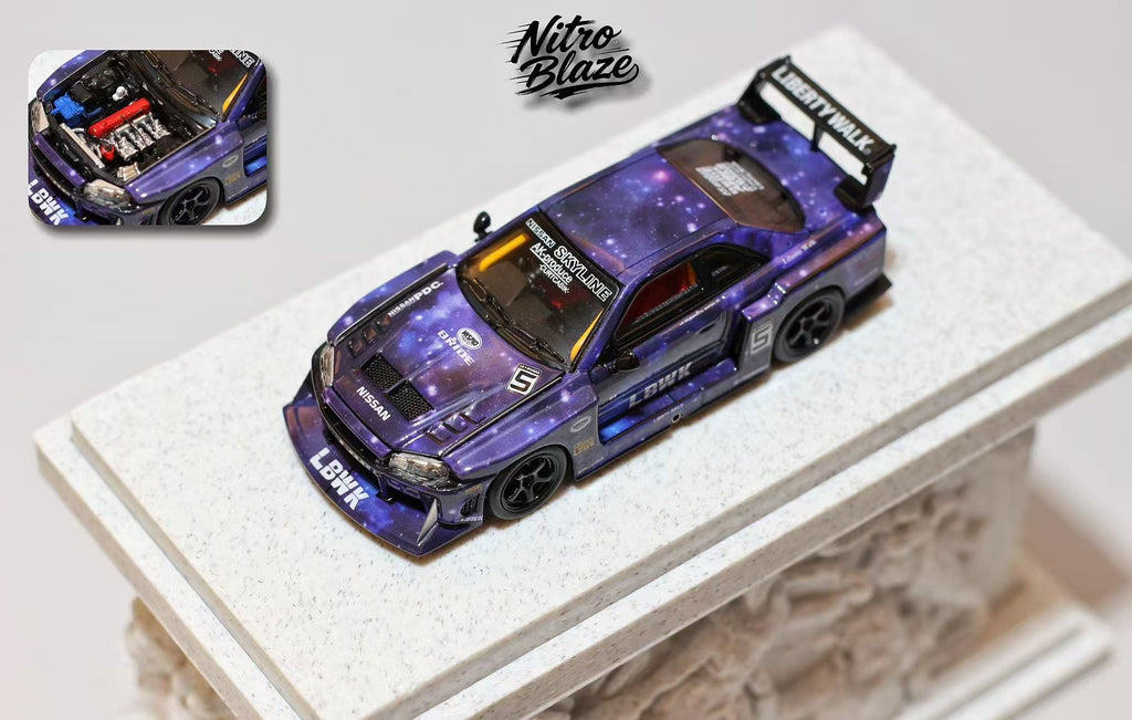 (Coming Soon) NITROBLAZE 1/64 SKYLINE ER34, LB-SUPER SILHOUETTE widebody Diecast model - Starry Purple