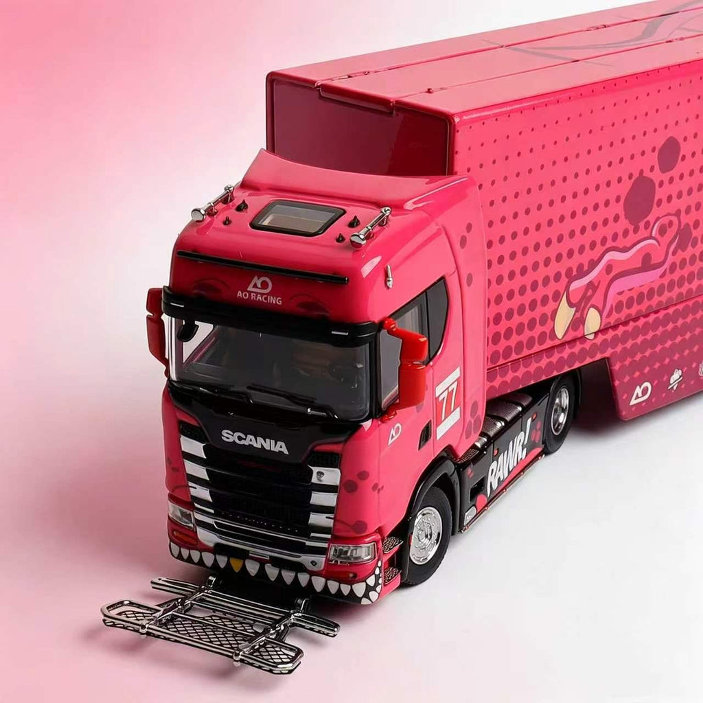 (Coming Soon) KENGFAI & MAXWELL (MW) Customized Version 1/64 Scania S730 Double-decker enclosed flying wing transport vehicle - RAWR Pink Dinosaur #77 Livery 2nd Generation