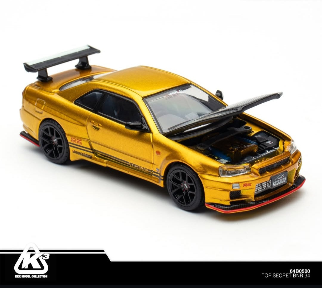 K'3 TOP SECRET (BMC) 1/64 BN R34 GOLD with Carbon Bonnet (HEC 2026 Limited Version) RHD Top Secret official licensed / Number Plated)
