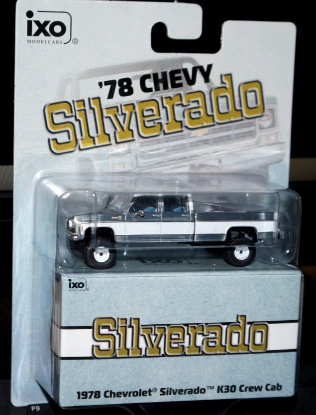 IXOAMERICA **Chase Raw** 1:64 Scale 1978 Chevrolet Silverado K30 Crew Cab Fleetside Lifted - Light Blue and Frost White